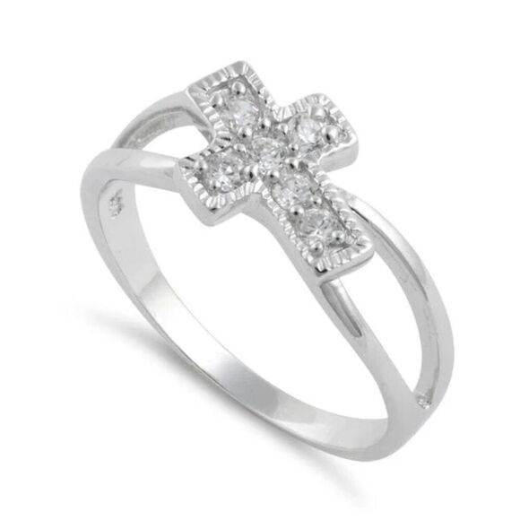 Sterling Silver Sideway Cross CZ Ring Size 6 New - Picture 1 of 6